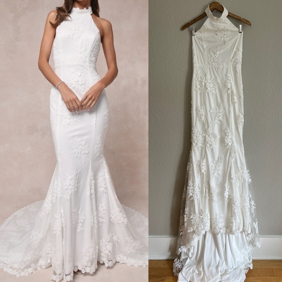 Dreamy Glamour White Embroidered Halter Mermaid Maxi Dress - Picture 1 of 8